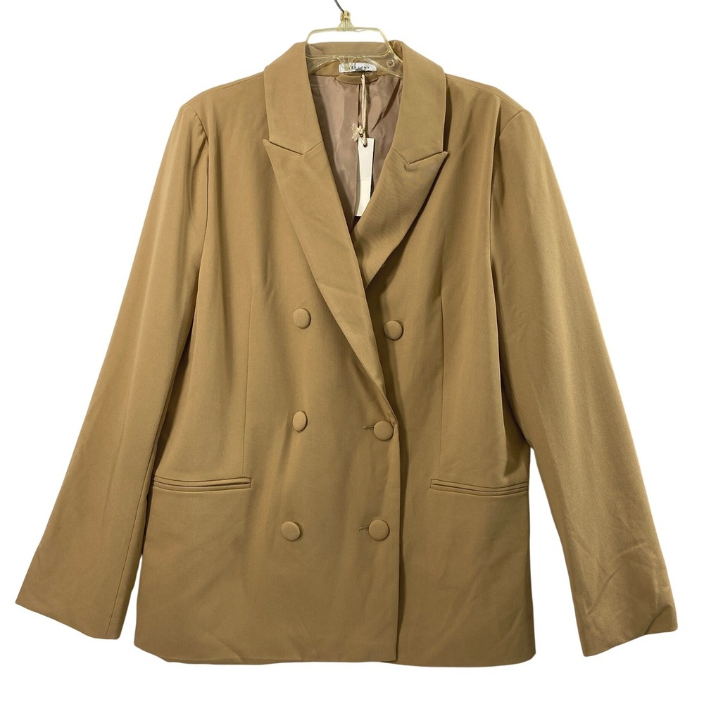 Crescent Blazer Women Large Camel Tan Double Breasted Office Minimalist Academia